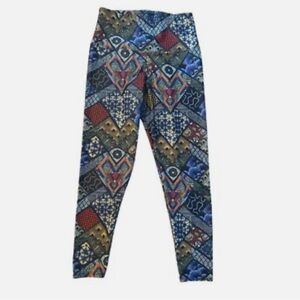 Women M Onzie Yoga Cropped Navy Queen Printed Patchwork Boho Leggings S/M